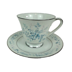 Noritake Carolyn 2693 Footed Cup & Saucer Set of 3 Blue, Pink Flowers VTG